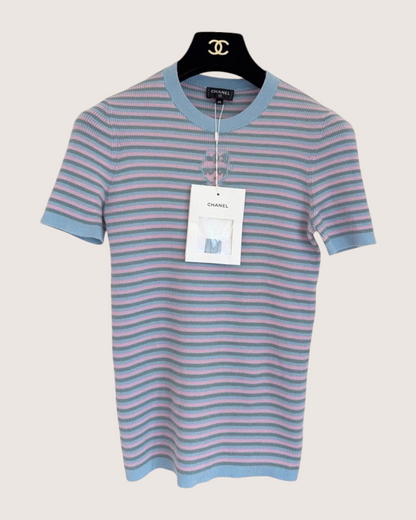 Chanel 25B Striped Cashmere Short-Sleeve Top Blue, Pink, Green, Multicolor FR 40