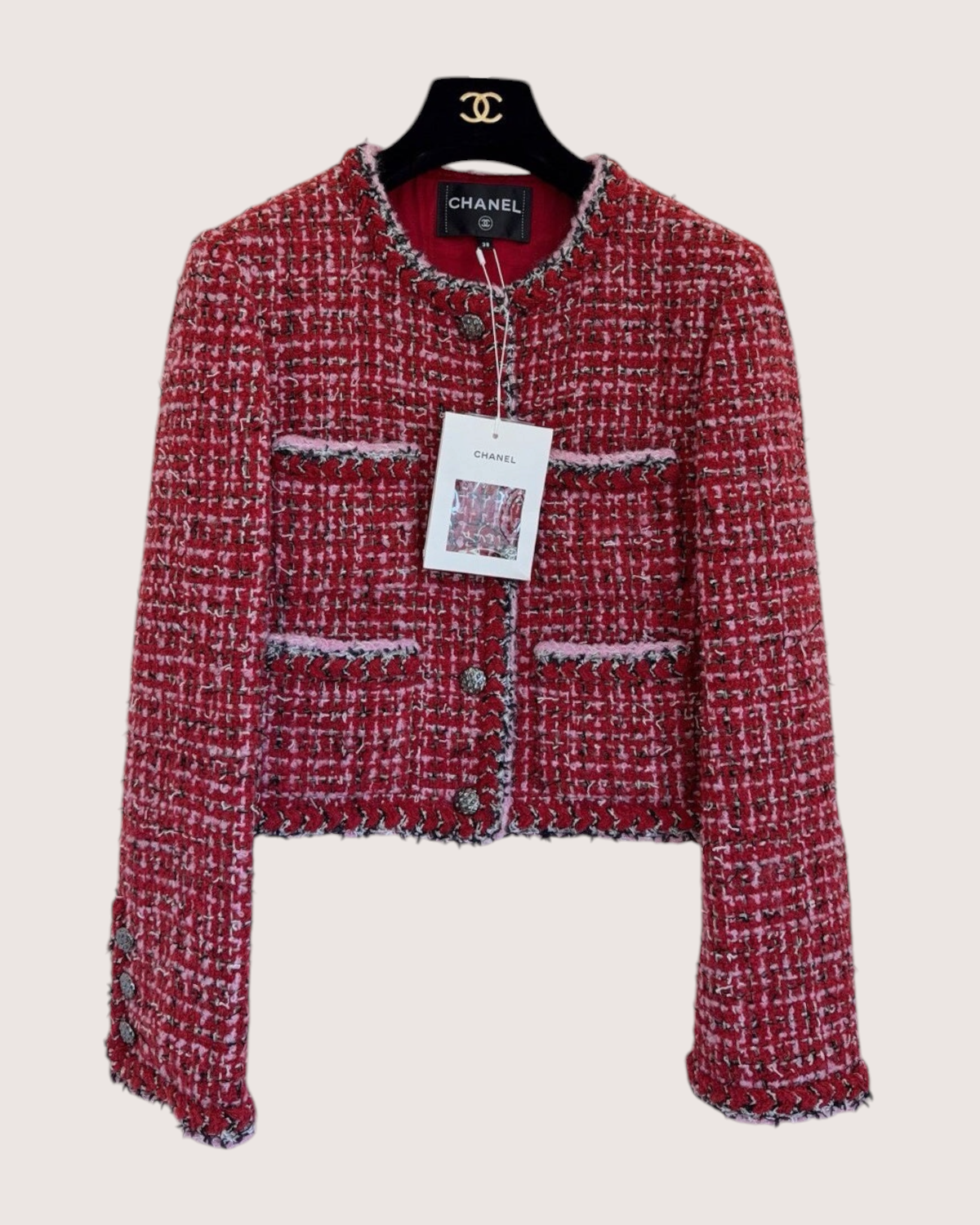 Chanel 25K Cropped Tweed Four-Pocket Jacket Red, Pink, Multicolor FR 34