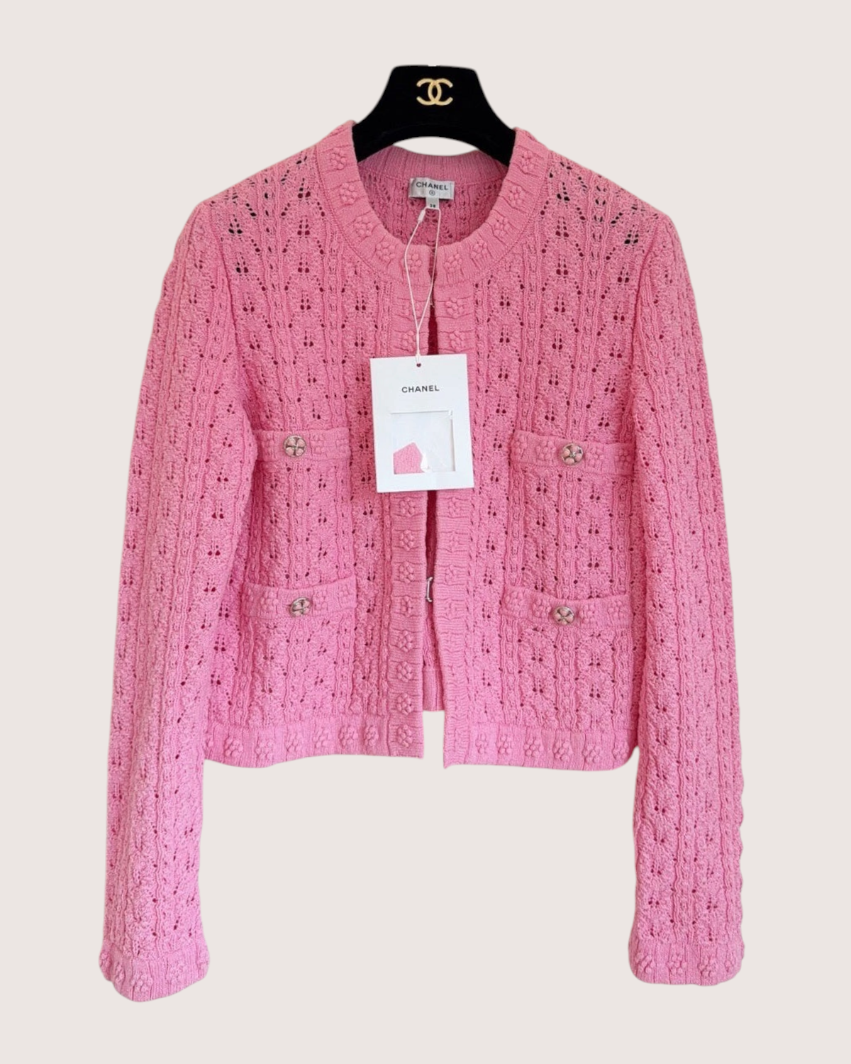 Chanel 24P Camellia Four-Pocket Cardigan Pink FR 38