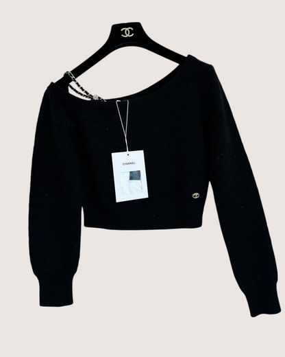 Chanel 23B Cashmere Off-Shoulder Sweater Black FR 34