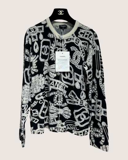 Chanel 23N Coco Neige Cashmere Jewelry-Print Cardigan Black, White FR 38
