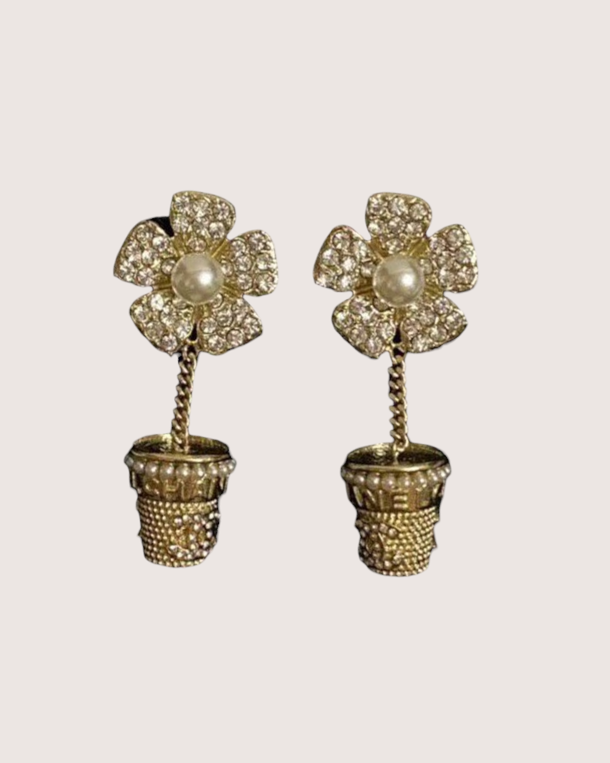 Chanel Camellia Flower Pot Earrings Gold, White One Size