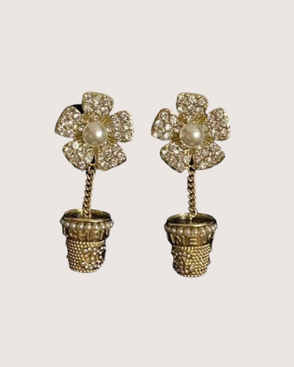 Chanel Camellia Flower Pot Earrings Gold, White One Size