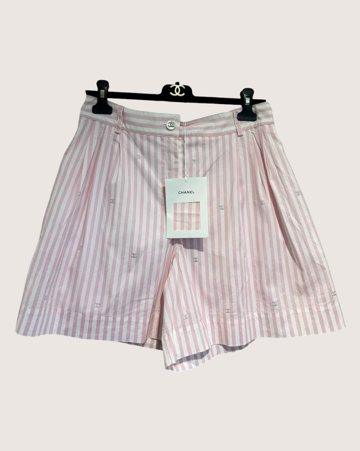 Chanel 24M Coco Beach Crystal Striped Logo Shorts Pink, White FR 40