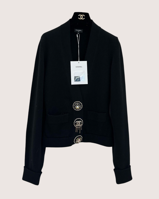 Chanel 22A Cashmere V-Neck Cardigan Black FR 34