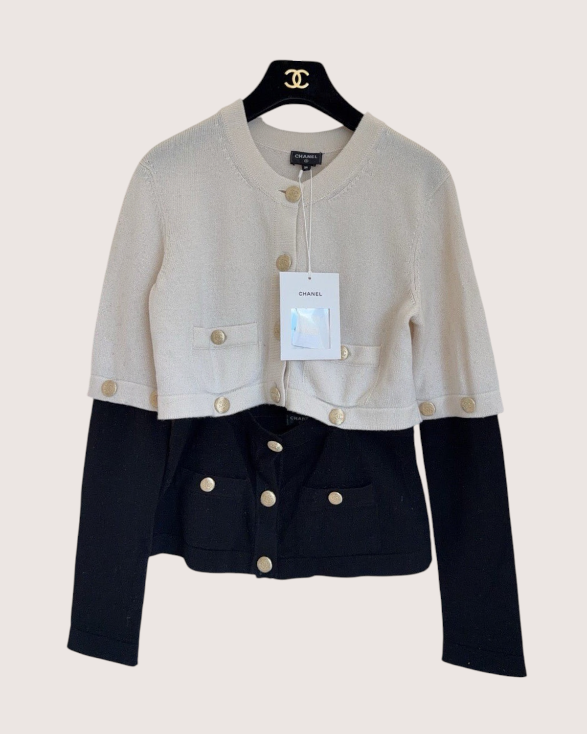 Chanel 22S Cashmere Colorblock Cardigan Beige/Ecru, Black FR 36