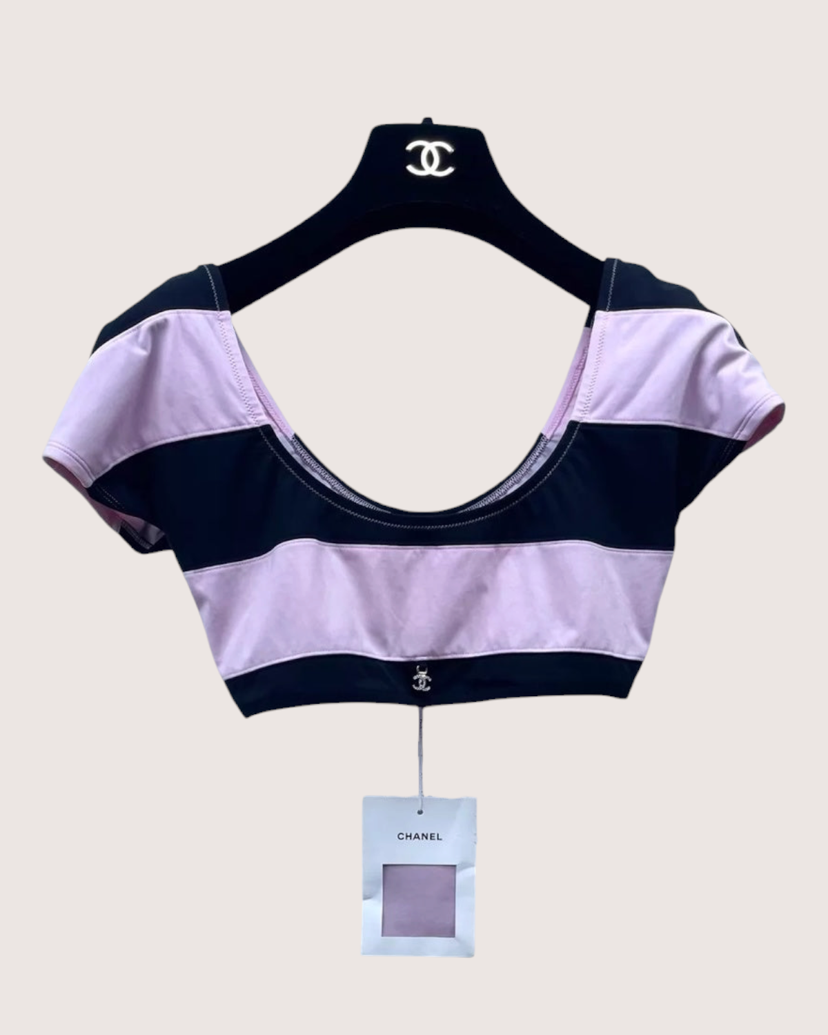 Chanel Coco Beach Striped Swimwear Crop Top Pink, Black FR 36
