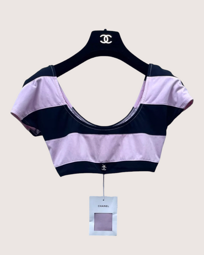 Chanel Coco Beach Striped Swimwear Crop Top Pink, Black FR 36