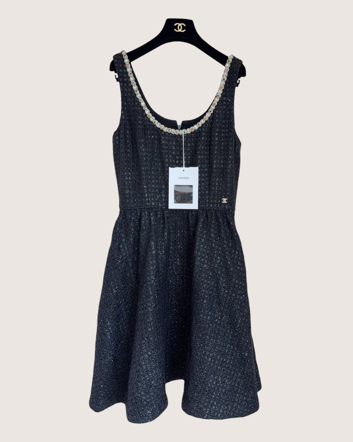 Chanel 23S Tweed Crystal-Trim Mini Dress Black FR 36