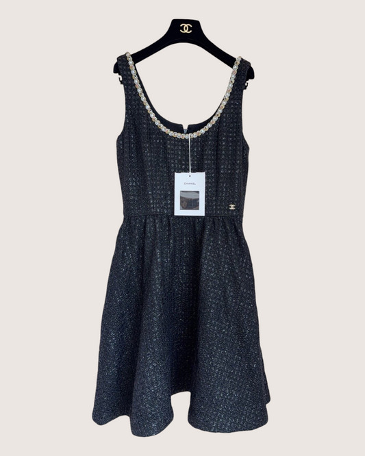 Chanel 23S Tweed Crystal-Trim Mini Dress Black FR 36
