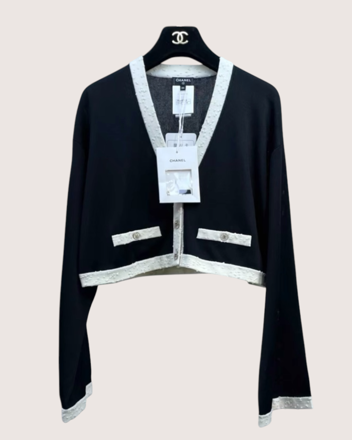 Chanel 25A Cropped Contrast-Trim Cardigan Black, Beige/Ecru FR 38