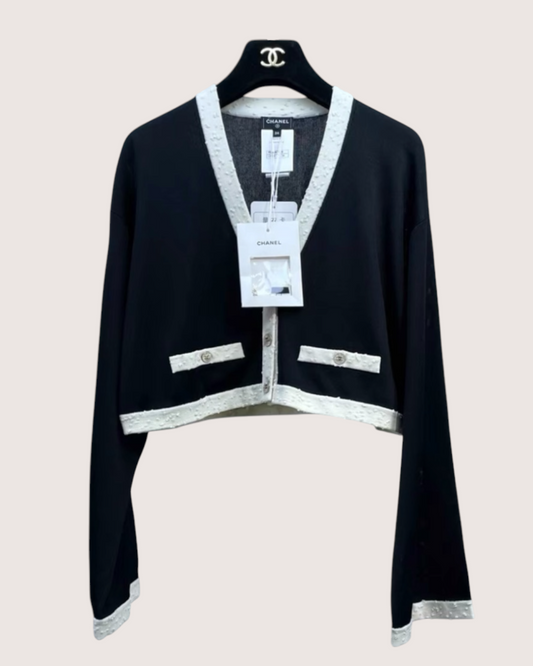 Chanel 25A Cropped Contrast-Trim Cardigan Black, Beige/Ecru FR 38