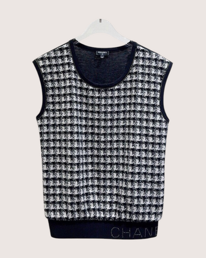 Chanel 20K Crystal Logo Tweed Vest Black, White FR 38