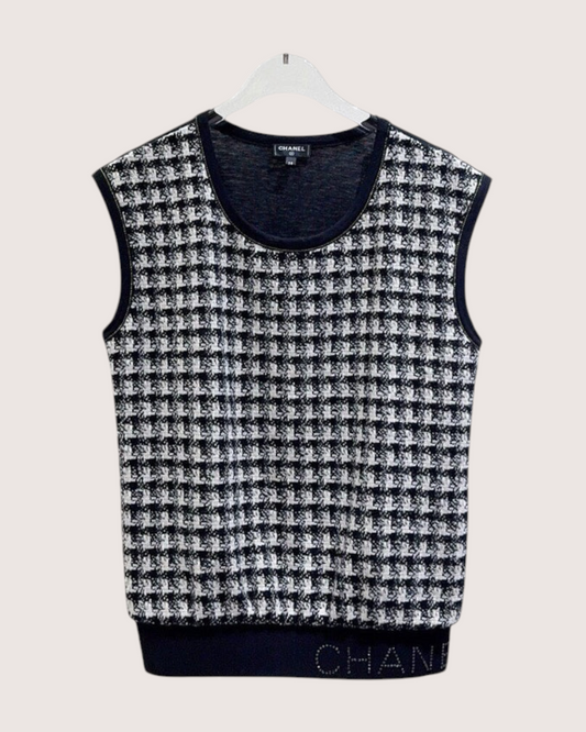 Chanel 20K Crystal Logo Tweed Vest Black, White FR 38