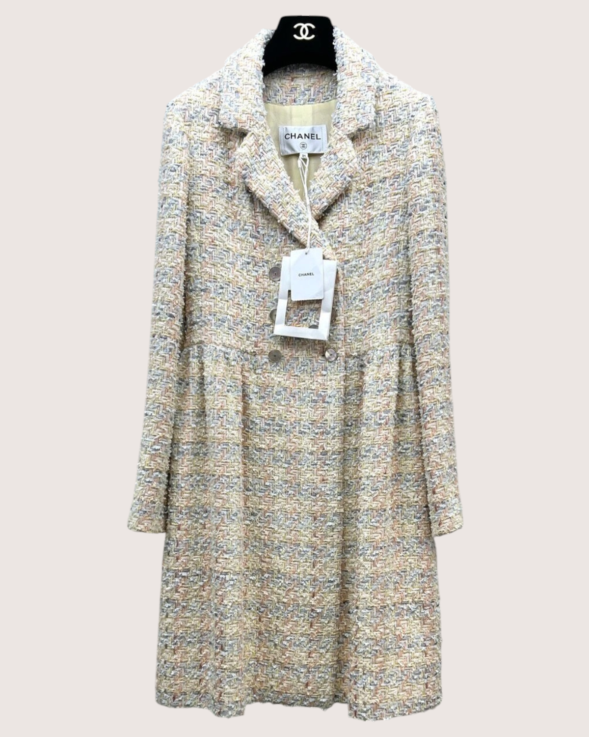 Chanel 25P Tweed Double-Breasted Mid-Length Dress Beige/Ecru, Pink, Multicolor FR 34