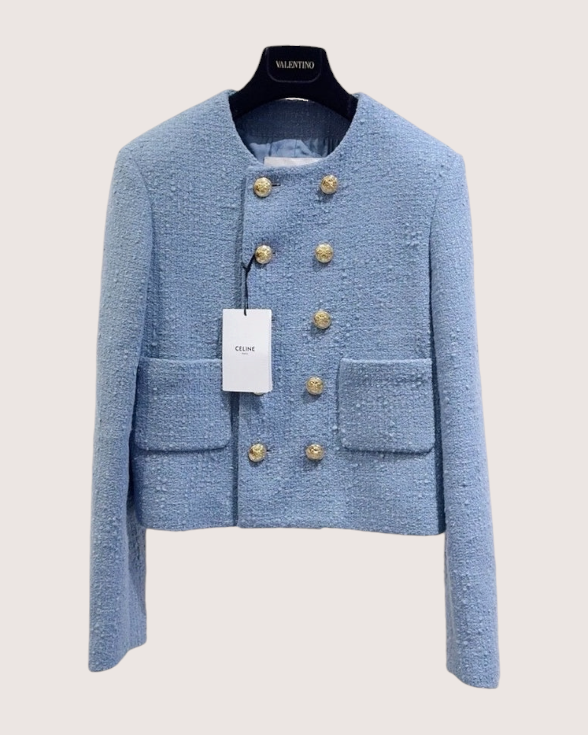 Celine Tweed Double-Breasted Jacket Blue FR 40