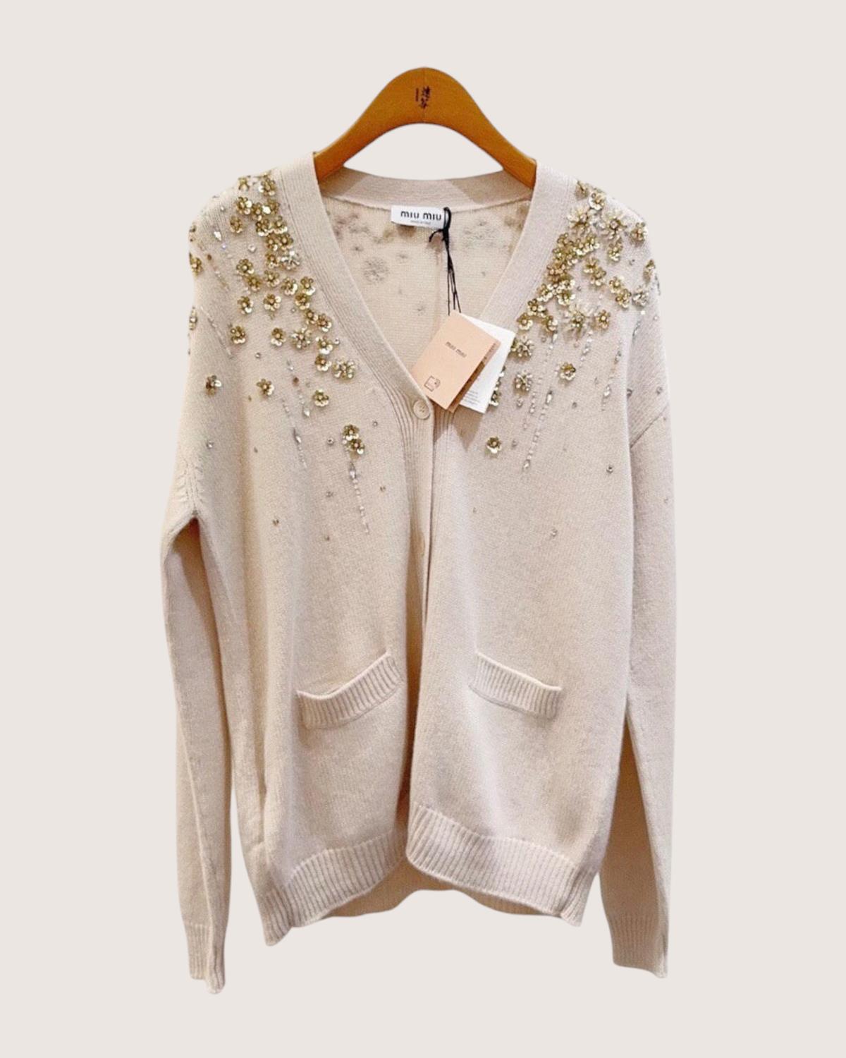 Miu Miu Cashmere Sequin Floral Cardigan Beige/Ecru, Gold FR 38