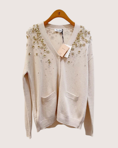 Miu Miu Cashmere Sequin Floral Cardigan Beige/Ecru, Gold FR 38