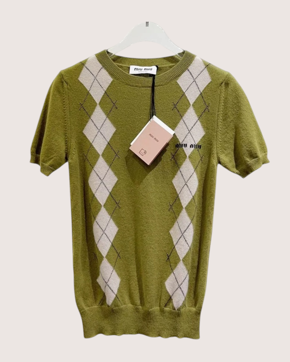 Miu Miu Wool Argyle Short-Sleeve Sweater Green, Beige/Ecru FR 38