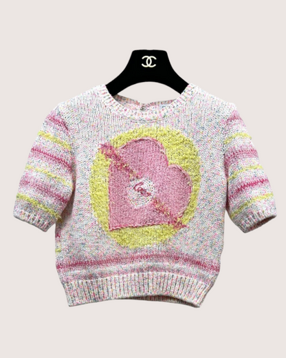 Chanel 24C Coco Heart Short-Sleeve Sweater Pink, White, Multicolor FR 36