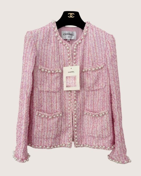 Chanel 25P Pearl-Trim Four-Pocket Tweed Jacket - Pink