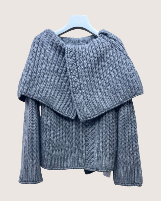 Hermès Cashmere Oversized-Collar Zip-Up Cardigan Grey FR 36