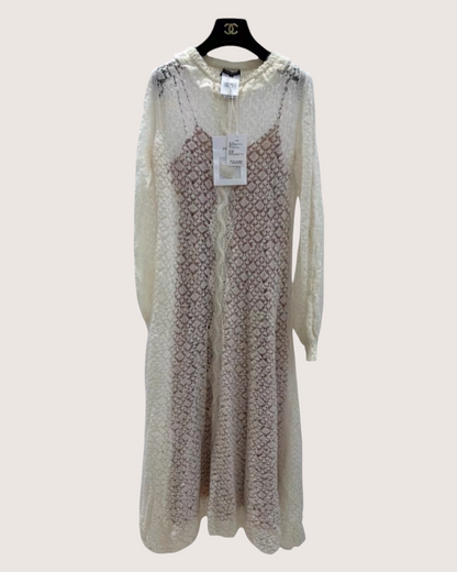 Chanel 23K Crochet Openwork Mid-Length Dress Beige/Ecru FR 36
