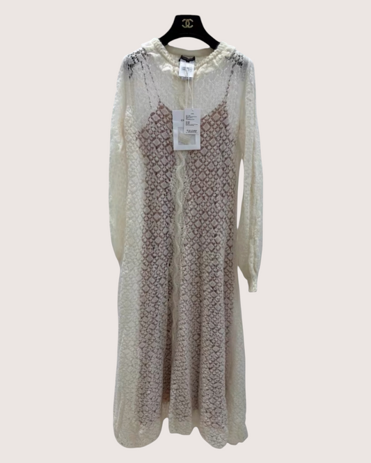 Chanel 23K Crochet Openwork Mid-Length Dress - Beige/Ecru
