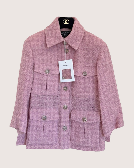 Chanel 19B Houndstooth Four-Pocket Tweed Jacket - Pink