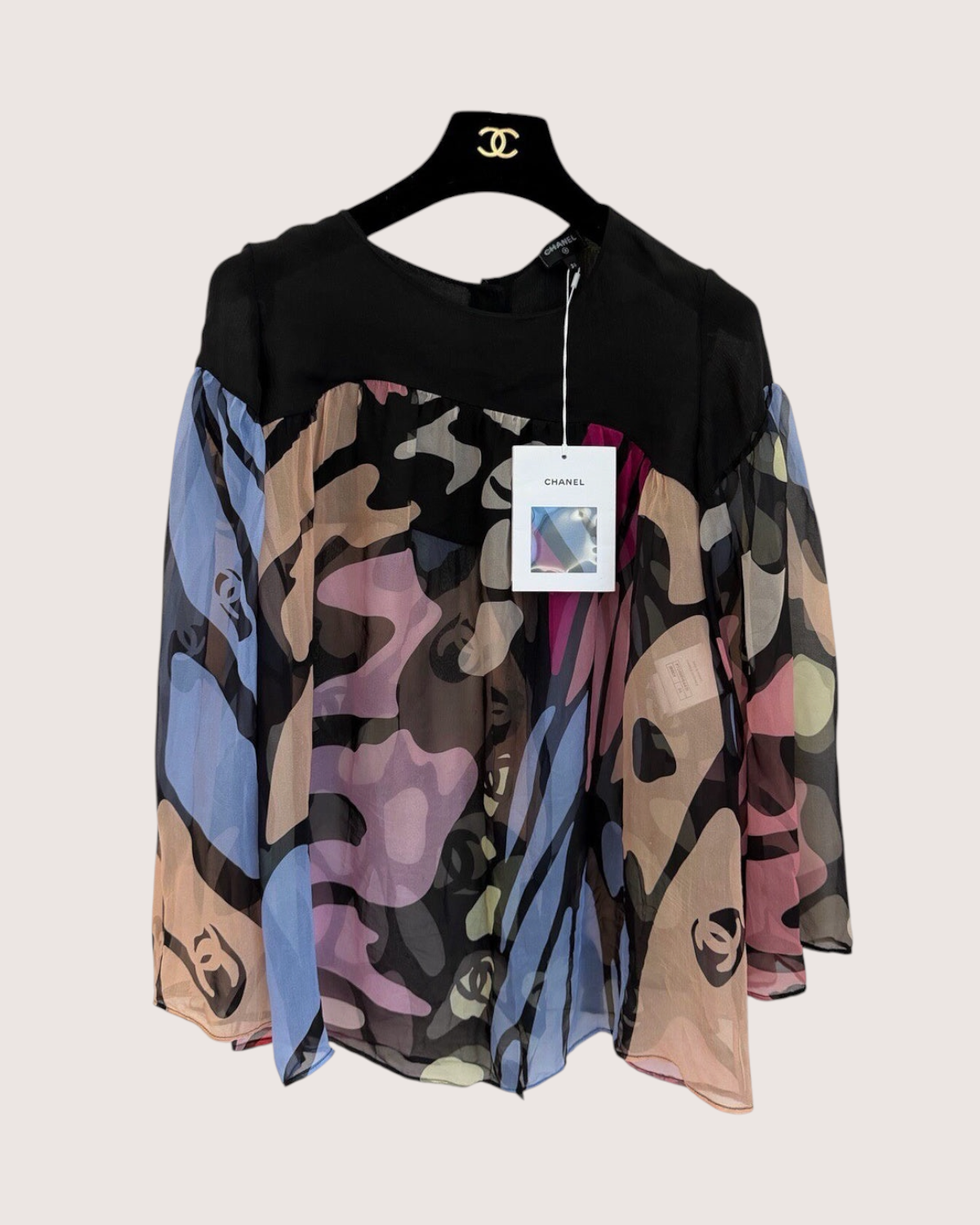 Chanel 22S Sheer CC Abstract-Print Top Black, Pink, Blue, Multicolor FR 34