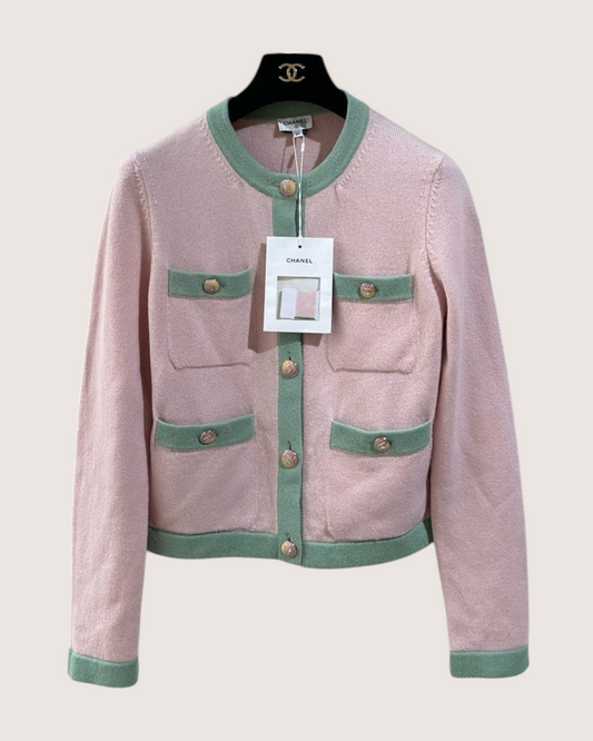 Chanel 24C Cashmere Contrast-Trim Four-Pocket Cardigan Pink, Green FR 34