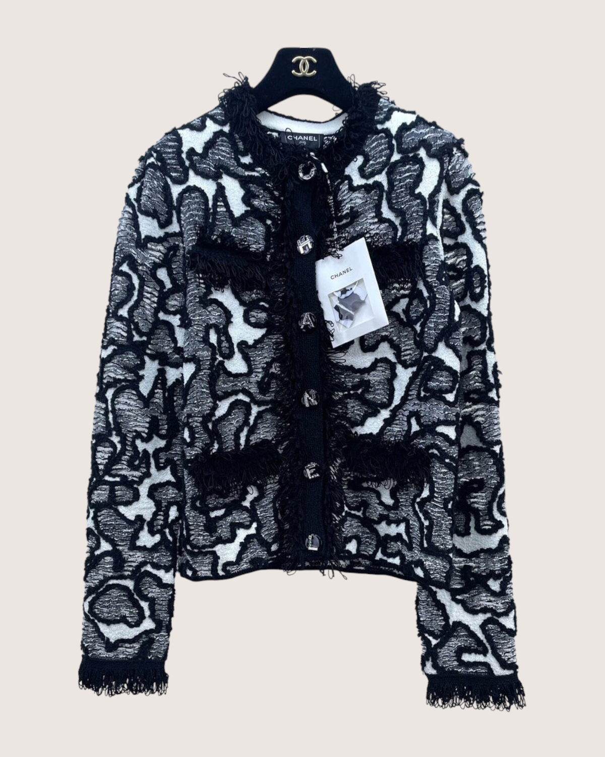 Chanel 26A Fringe Jacquard Cardigan Black, White, Grey FR 36