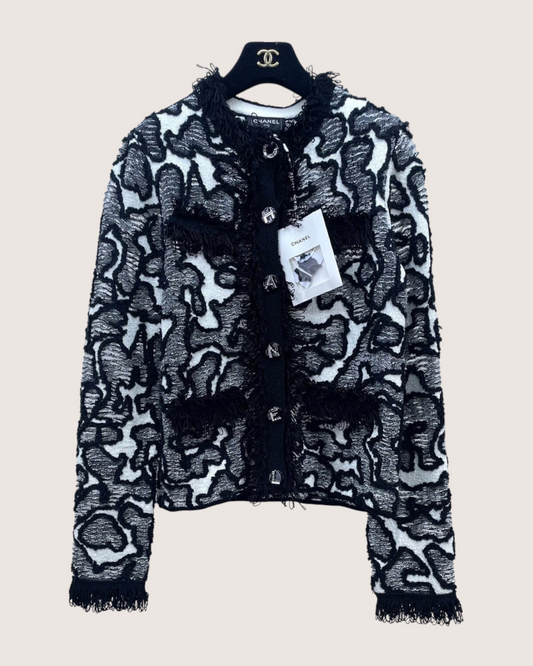 Chanel 26A Fringe Jacquard Cardigan Black, White, Grey FR 36