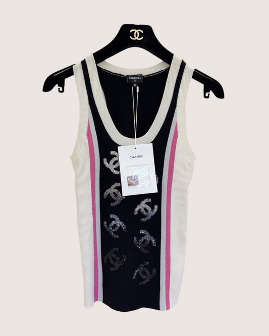 Chanel 23B Wool Sequin Logos Tank Top Black, Beige/Ecru, Pink FR 38
