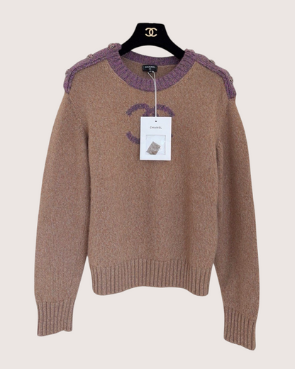 Chanel 22K Cashmere Contrast-Trim CC Sweater Beige/Ecru, Purple FR 34