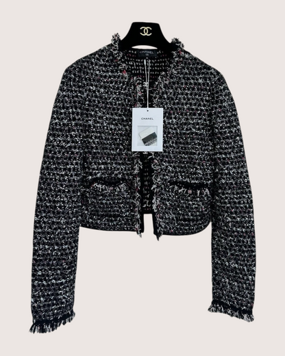 Chanel 24B Tweed Sequin Fringe Jacket Black, White, Multicolor FR 36