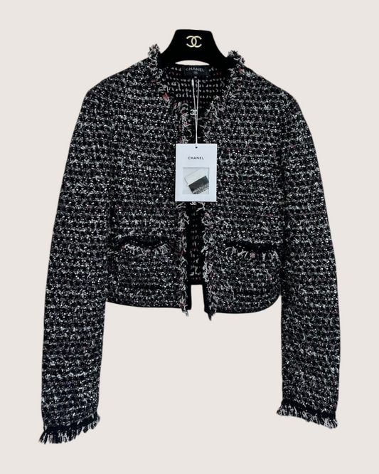 Chanel 24B Tweed Sequin Fringe Jacket Black, White, Multicolor FR 36