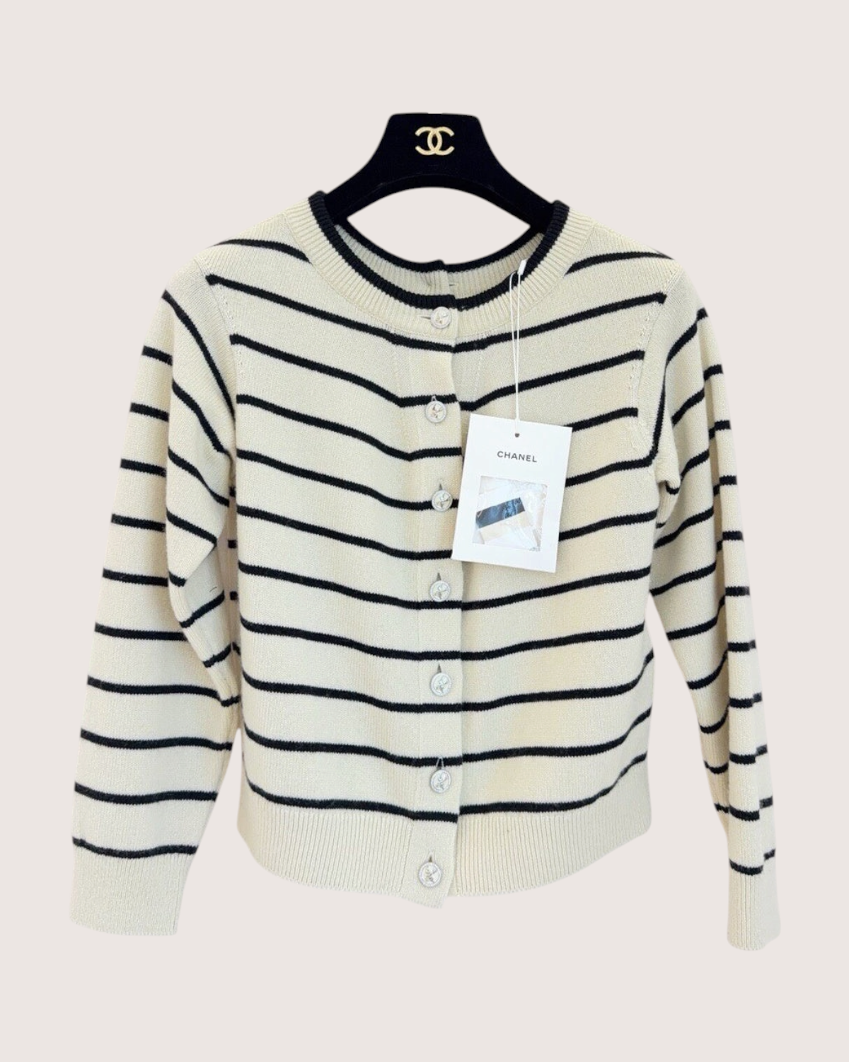 Chanel 25S Cashmere Striped Cardigan Beige/Ecru, Black FR 34
