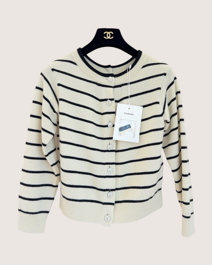 Chanel 25S Cashmere Striped Cardigan Beige/Ecru, Black FR 34