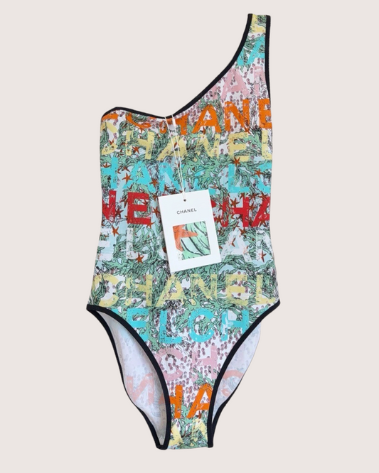Chanel 26M Coco Beach One-Shoulder Logo One-Piece Swimsuit White, Green, Multicolor FR 34