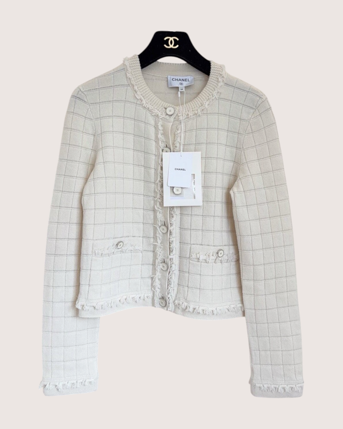 Chanel 26P Cashmere Plaid Fringe-Trim Cardigan Beige/Ecru FR 34