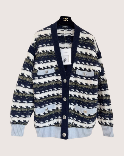 Chanel 22B Striped Cashmere Cardigan Navy, White, Blue, Multicolor FR 36