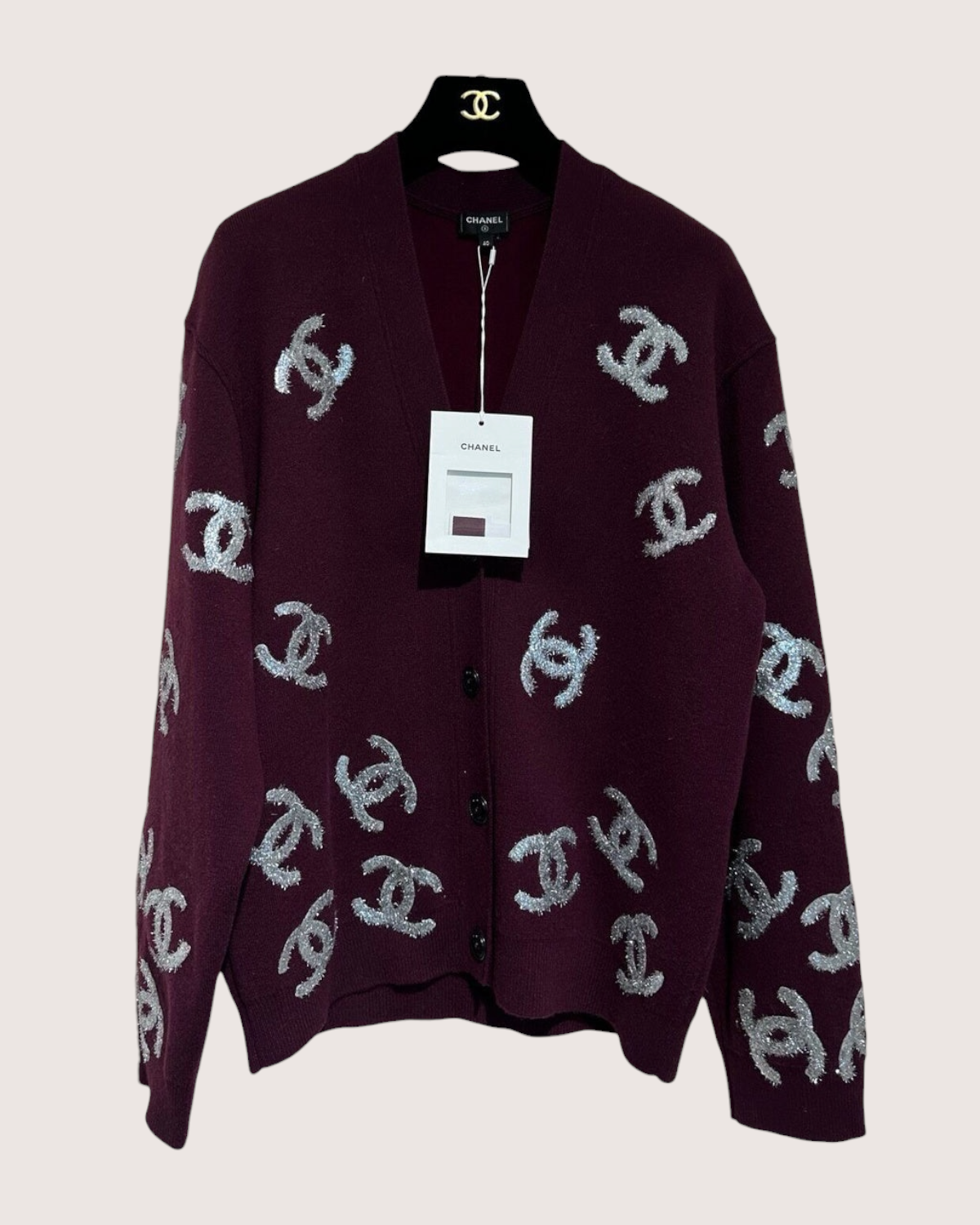 Chanel 22A Cashmere CC Sequin Cardigan Burgundy, Silver FR 34