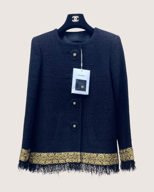 Chanel 17A Fringe Tweed Jacket Black, Gold FR 36
