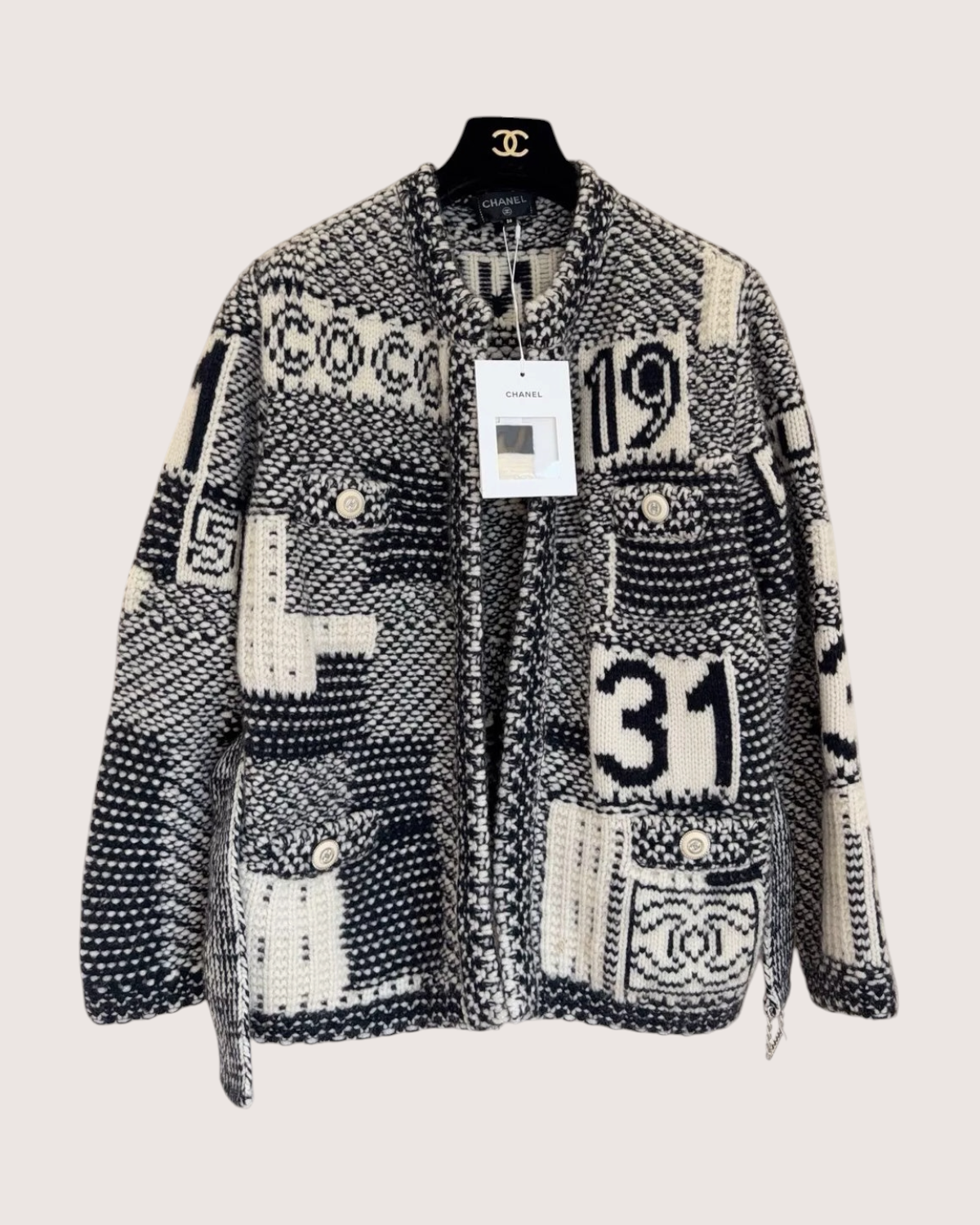 Chanel 20C Belted Cashmere Cardigan Grey, White, Black FR 36