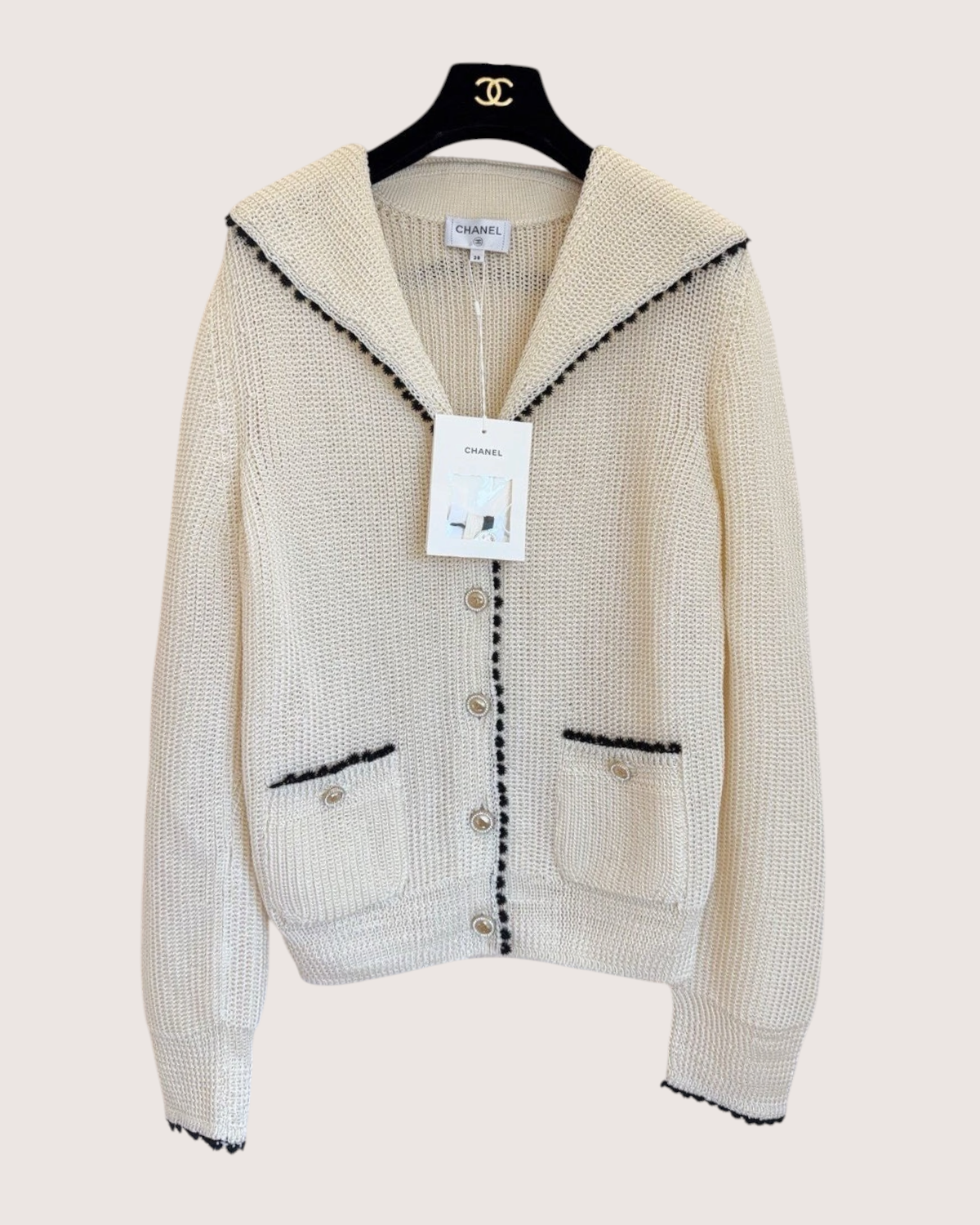 Chanel 26C Sailor-Collar Cardigan Beige/Ecru, Black FR 38