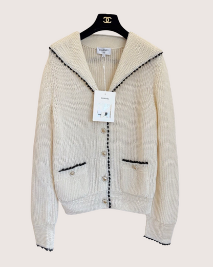 Chanel 26C Sailor-Collar Cardigan Beige/Ecru, Black FR 38