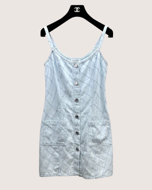 Chanel 26M Coco Beach Quilted Denim Mini Dress Blue