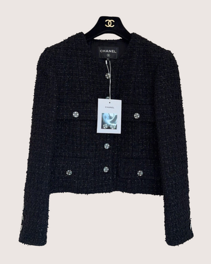 Chanel 21K Shimmer Tweed Jacket Black FR 36