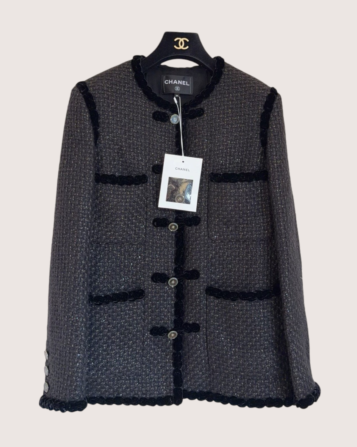 Chanel 25A Four-Pocket Tweed Jacket Black, Grey, Gold FR 34